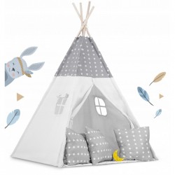 Cort de joaca pentru copii cu ghirlanda 3 pernite si lampa LED luna Ricokids 740400 120 X 120 X 165 cm - Gri
