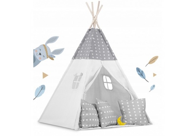 Cort de joaca pentru copii cu ghirlanda 3 pernite si lampa LED luna Ricokids 740400 120 X 120 X 165 cm - Gri