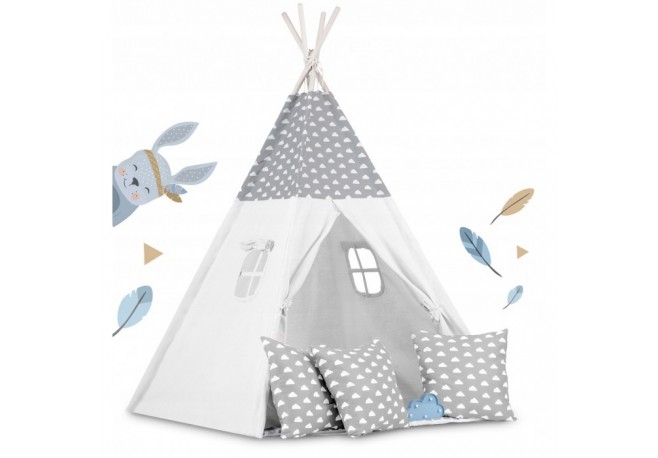 Cort de joaca pentru copii cu ghirlanda 3 pernite si lampa LED norisor Ricokids 740401 120 X 120 X 165 cm - Gri