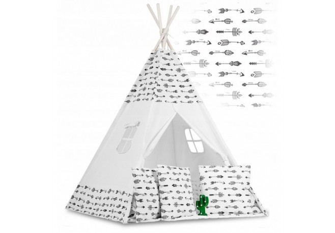 Cort de joaca pentru copii cu ghirlanda 3 pernite si lampa LED cactus Ricokids 740402 120 X 120 X 165 cm - Alb