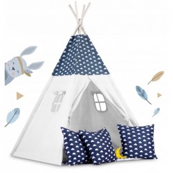 Cort de joaca pentru copii cu ghirlanda 3 pernite si lampa LED luna Ricokids 740404 120 X 120 X 165 cm - Bleumarin