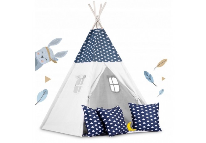 Cort de joaca pentru copii cu ghirlanda 3 pernite si lampa LED luna Ricokids 740404 120 X 120 X 165 cm - Bleumarin