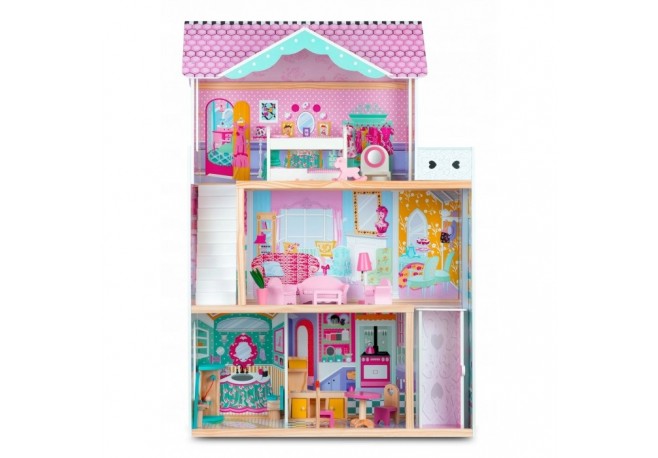 Casuta de papusi din lemn cu 3 etaje lift si lampa LED Ricokids RC-829