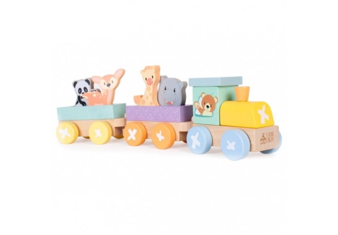 Locomotiva din lemn cu 2 vagoane si animalute Sun Baby 067