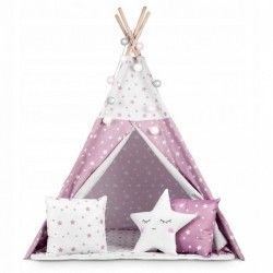 Cort de joaca pentru copii cu ghirlanda lumini si 3 pernite Nukido 120 x 120 x 165 cm - Roz - Alb