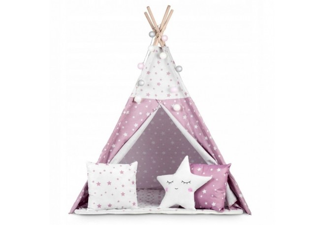 Cort de joaca pentru copii cu ghirlanda lumini si 3 pernite Nukido 120 x 120 x 165 cm - Roz - Alb
