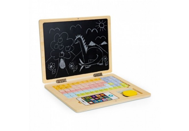 Laptop educational din lemn cu magnet si taste din lemn Ecotoys G068 - Alb