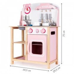 Bucatarie din lemn Ecotoys CA12009 cu sunete + accesorii bucatarie - roz - Resigilat