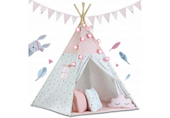 Cort de joaca pentru copii cu ghirlanda si lumini Ricokids 120 x 120 x 165 cm - Roz - Resigilat (ambalaj deteriorat)