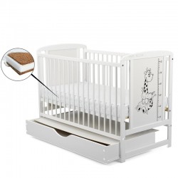 BabyNeeds - Patut din lemn Timmi Girafa 120x60 cm Cu sertar cu capac Din lemn de pin si mdf Stabil si rezistent Inaltime saltea 