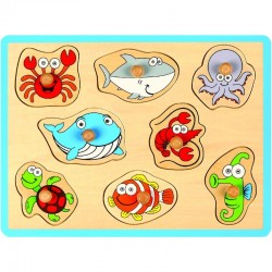 Joueco - Puzzle din lemn 30 x 27 cm 18 luni+ 8 piese Animale acvatice