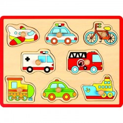 Joueco - Puzzle din lemn 30 x 27 cm 18 luni+ 8 piese Mijloace de transport