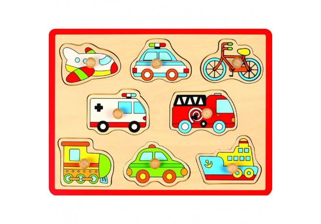 Joueco - Puzzle din lemn 30 x 27 cm 18 luni+ 8 piese Mijloace de transport