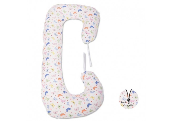 BabyNeeds - Perna 3 in 1 pentru gravide si bebelusi Soft Plus Cu husa detasabila din bumbac Fluturasi Multicolor