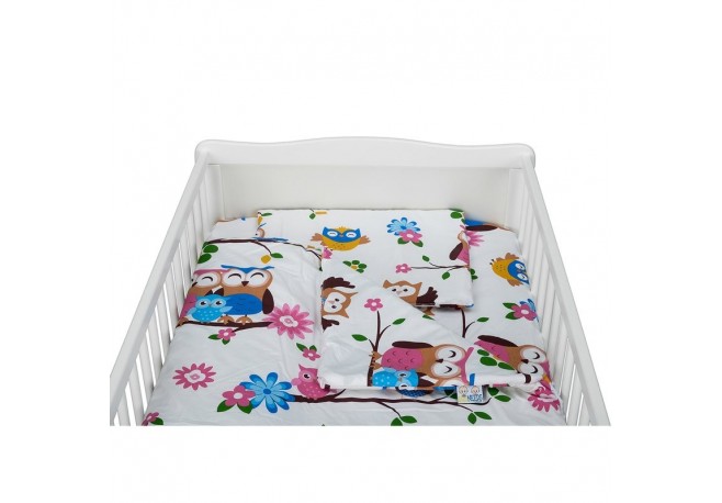 BabyNeeds - Lenjerie patut 3 piese Cu pernuta Plapumioara Cearceaf Din bumbac Pentru patut 140x70 cm Bufnitele vesele