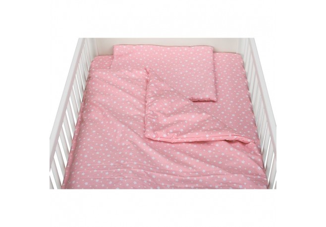 BabyNeeds - Lenjerie patut 3 piese Cu pernuta Plapumioara Cearceaf Din bumbac Pentru patut 140x70 cm Roz cu stelute albe