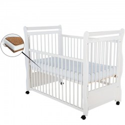 BabyNeeds - Patut din lemn Jas 120x60 cm cu laterala culisanta si roti EN716-1 EN716-2 Alb + Saltea 8 cm