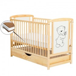 BabyNeeds - Patut din lemn Timmi 120x60 cm Cu sertar cu capac Din lemn de pin si mdf Stabil si rezistent Inaltime saltea reglabi