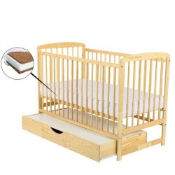 BabyNeeds - Patut din lemn Ola 120x60 cm Cu sertar cu capac Din lemn de pin si mdf Stabil si rezistent Inaltime saltea reglabila