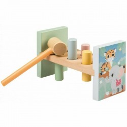Joueco - Banc de lucru cu ciocanel Familia Wildies Din lemn certificat FSC 26x12 cm 12 luni+ 10 piese Multicolor