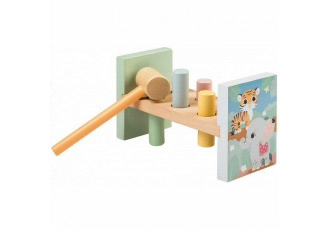 Joueco - Banc de lucru cu ciocanel Familia Wildies Din lemn certificat FSC 26x12 cm 12 luni+ 10 piese Multicolor