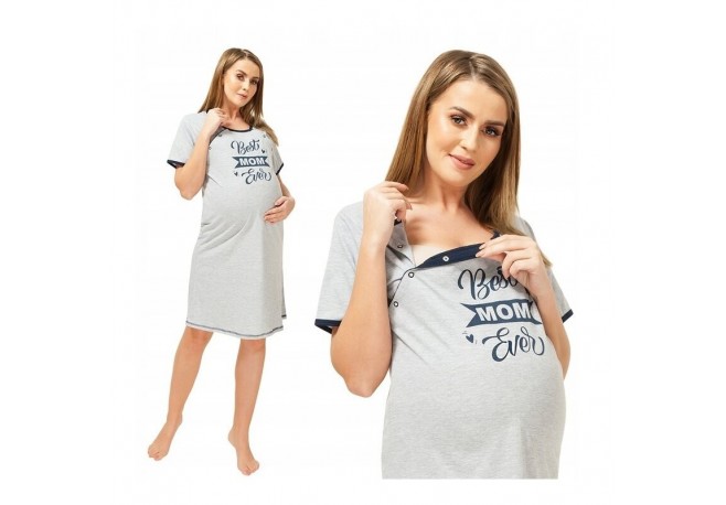 Qmini - Camasa de alaptat L Din bumbac Cu capse oblice Best Mom Ever Grey