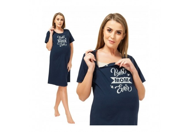 Qmini - Camasa de alaptat L Din bumbac Cu capse oblice Best Mom Ever Navy Blue