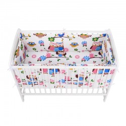 BabyNeeds - Lenjerie patut 3 piese Cu doua protectii laterale Cerceaf Din bumbac Pentru patut 120x60 cm Bufnitele vesele Alb
