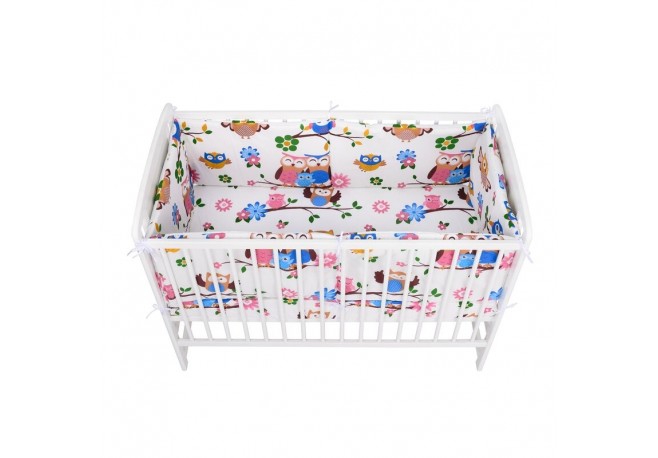 BabyNeeds - Lenjerie patut 3 piese Cu doua protectii laterale Cerceaf Din bumbac Pentru patut 120x60 cm Bufnitele vesele Alb