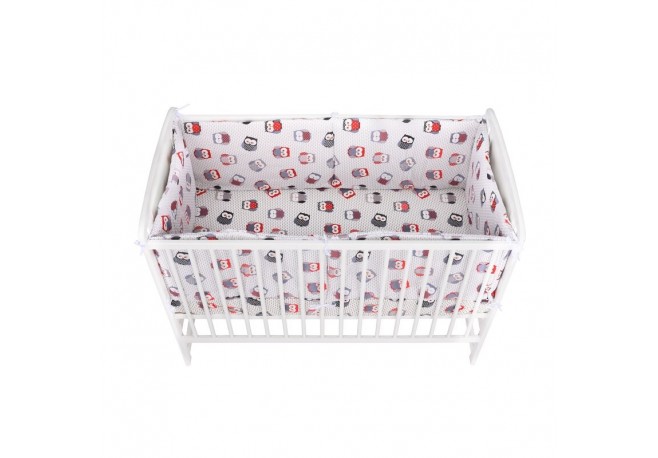 BabyNeeds - Lenjerie patut 3 piese Cu doua protectii laterale Cerceaf Din bumbac Pentru patut 120x60 cm Bufnite Gri-Rosu