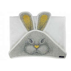 Qmini - Prosop pufos cu gluga pentru bebelusi si copii Din bambus Dimensiune 85x85 cm Rabbit Yellow