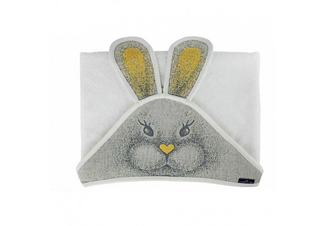 Qmini - Prosop pufos cu gluga pentru bebelusi si copii Din bambus Dimensiune 85x85 cm Rabbit Yellow