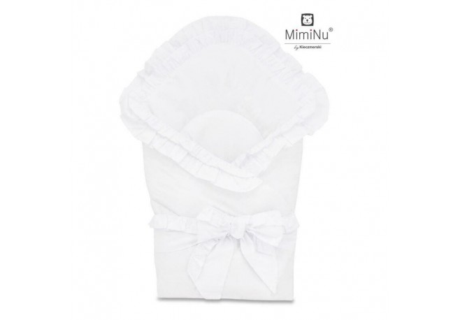 MimiNu - Paturica de infasat multifunctionala pentru botez Cu volanase Cu inchidere cu panglica si arici velcro Dimensiune 75x75