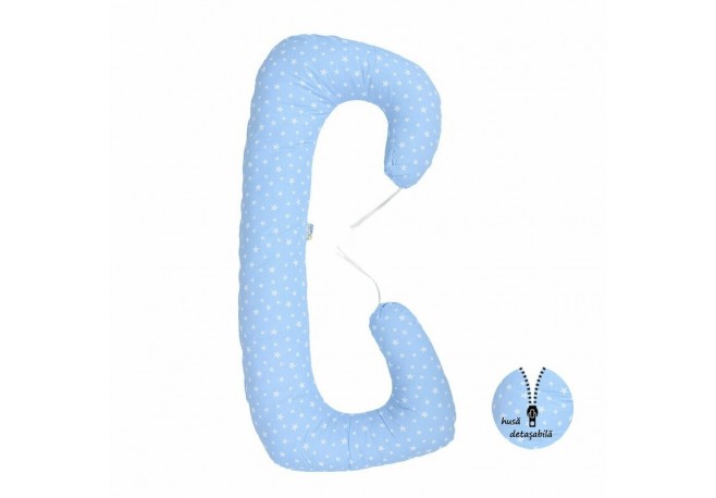 BabyNeeds - Perna 3 in 1 pentru gravide si bebelusi Soft Plus Cu husa detasabila din bumbac Albastru cu stelute