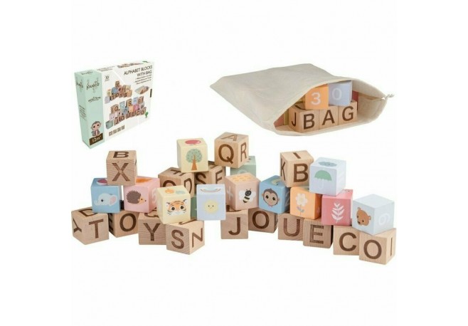 Joueco - Cuburi din lemn certificat FSC Multifunctionale Familia Wildies 25x21 cm 12 luni+ 30 piese Multicolor