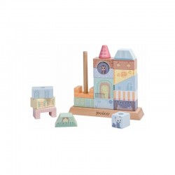 Joueco - Jucarie de stivuit Casute Familia Wildies Din lemn certificat FSC 23x24 cm 12 luni+ 20 piese Multicolor