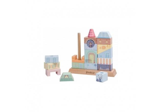 Joueco - Jucarie de stivuit Casute Familia Wildies Din lemn certificat FSC 23x24 cm 12 luni+ 20 piese Multicolor