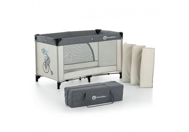 Petite&Mars - Patut pliant cu un nivel Cu intrare laterala cu fermoar 2 roti 120x60 cm Nyja Teddy Biker Conform cu standardele e