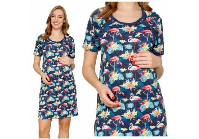 Qmini - Camasa de alaptat L Din bumbac Cu capse oblice Flamingos