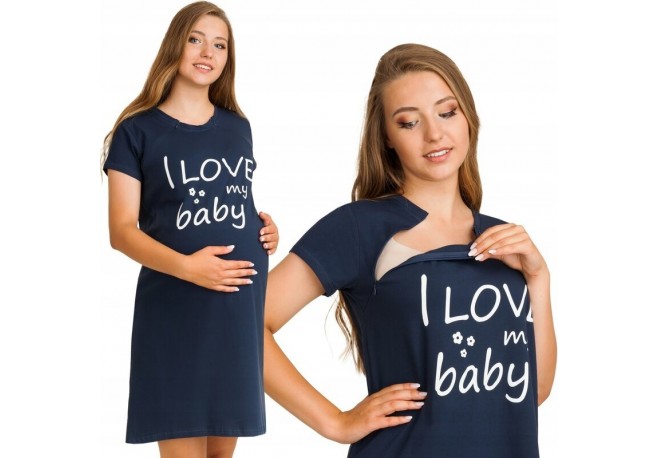 Qmini - Camasa de alaptat L/XL Din bumbac si elastan Cu fermoare I love my baby Navy