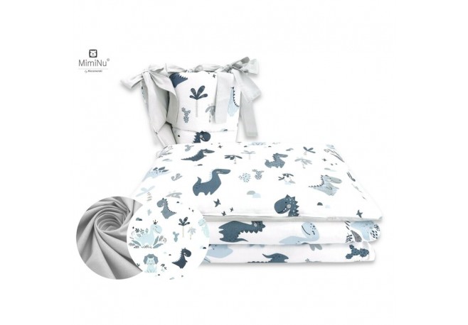 MimiNu - Lenjerie patut 3 piese Cu protectie laterala Din bumbac certificat Oeko Tex Standard 100 Pentru patut 120x60 cm Dino Gr