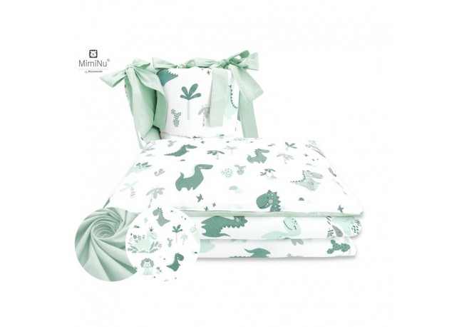 MimiNu - Lenjerie patut 3 piese Cu protectie laterala Din bumbac certificat Oeko Tex Standard 100 Pentru patut 120x60 cm Dino Mi