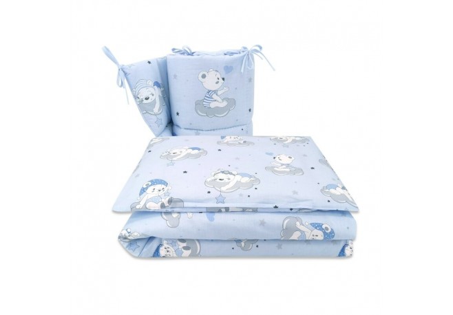 Qmini - Lenjerie patut 3 piese Cu protectie laterala Teddy Bears On Clouds Blue Din bumbac Pentru patut 140x70 cm
