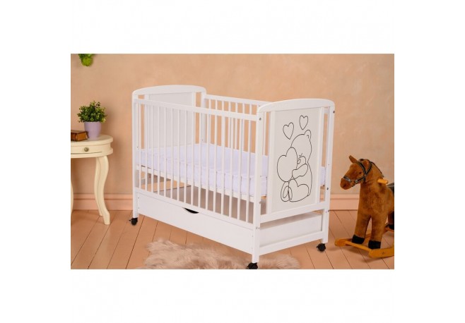 Qmini - Patut din lemn Timmi Heart 120x60 cm Cu sertar Din lemn de pin si mdf Stabil si rezistent Inaltime saltea reglabila pe 3