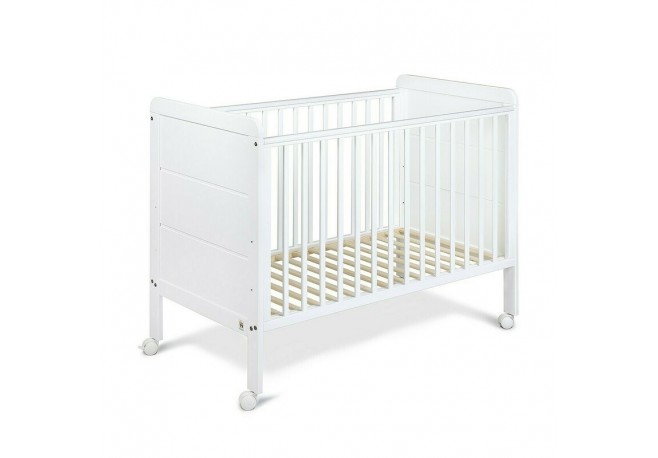 Patut cu roti YappyModern din lemn Cu sina speciala pentru dentitie Suport pentru saltea reglabil YappyKids 120x60 cm Alb