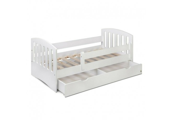 Patut junior cu sertar compartimentat YappyLux din lemn Cu laterala de protectie YappyKids 160x80 cm Alb