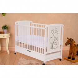 Qmini - Patut din lemn Timmi Heart 120x60 cm Cu sertar Din lemn de pin si mdf Stabil si rezistent Inaltime saltea reglabila pe 3