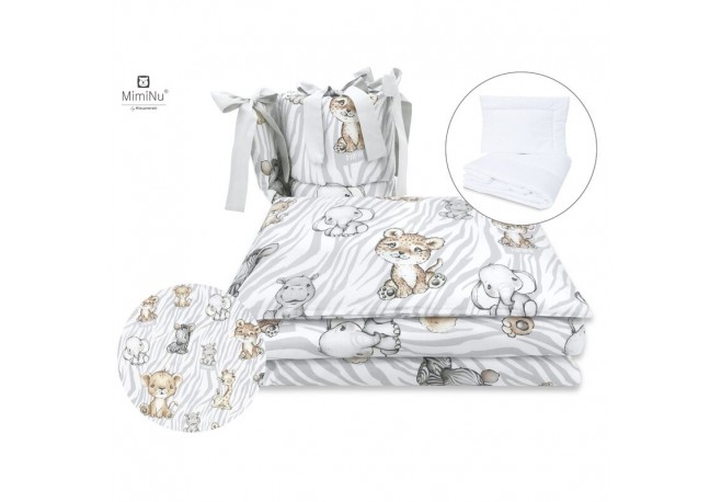 MimiNu - Set lenjerie patut 5 piese Cu pilota si perna Din bumbac certificat Oeko Tex Standard 100 Pentru patut 120x60 cm Safari