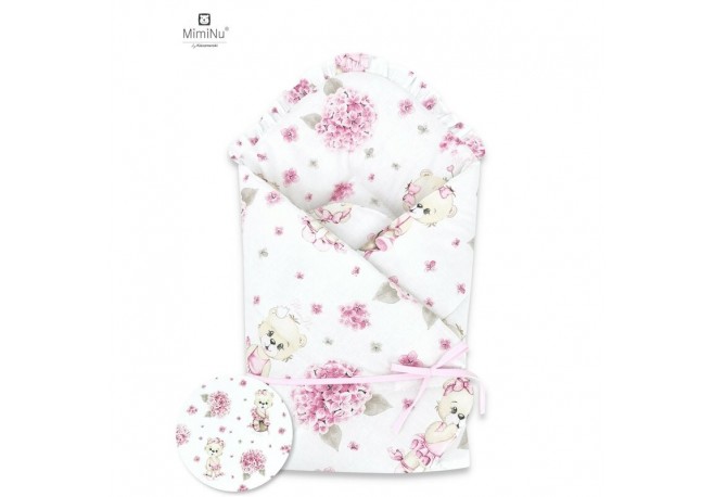 MimiNu - Paturica de infasat Cu volanas si panglica Cu multiple utilizari Cu inchidere arici velcro Dimensiune 75x75 cm Din bumb