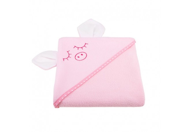 Qmini - Prosop cu gluga cu urechi Din bumbac Dimensiune mare 80x80 cm Pink Piggy